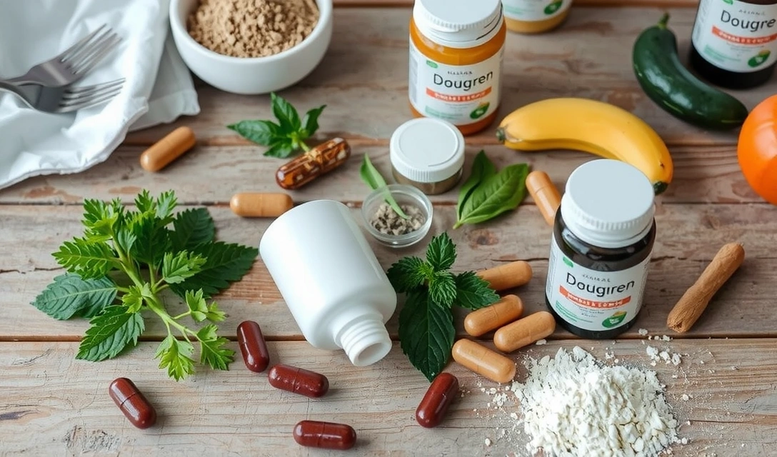 Assortiment de compléments alimentaires naturels sur une table en bois